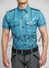 Load image into Gallery viewer, Sky Blue Black Piping Leather Shirt