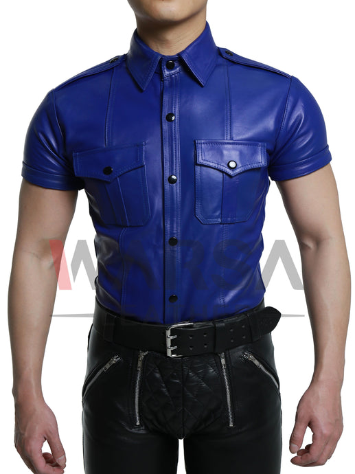 Exciting Blue Genuine Leather Shirt