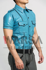 Sky Blue Black Piping Leather Shirt