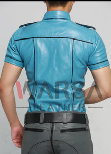 Sky Blue Black Piping Leather Shirt