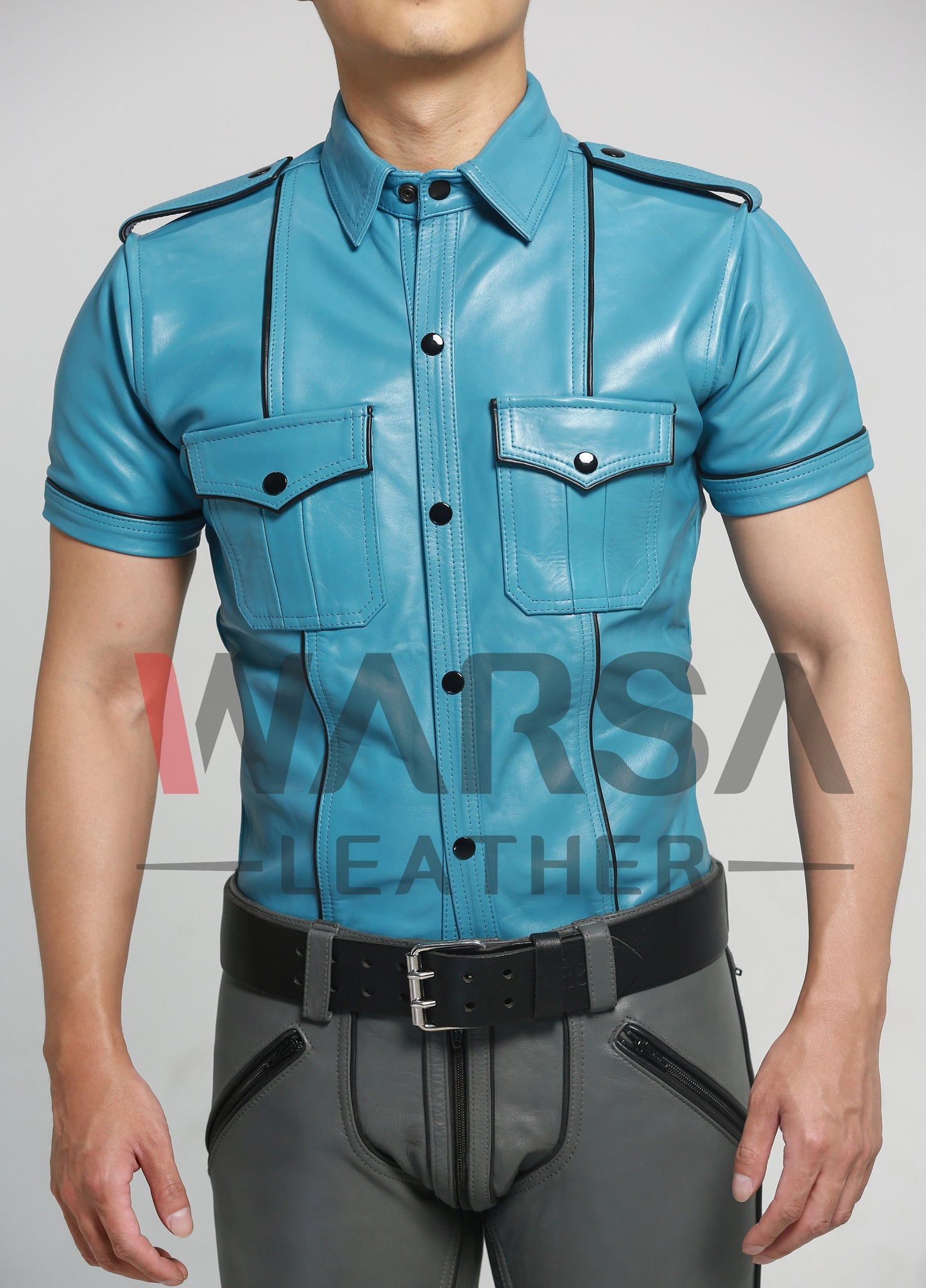 Sky Blue Black Piping Leather Shirt Warsa Leather Sky Blue Black Piping Leather Shirt Warsa Leather