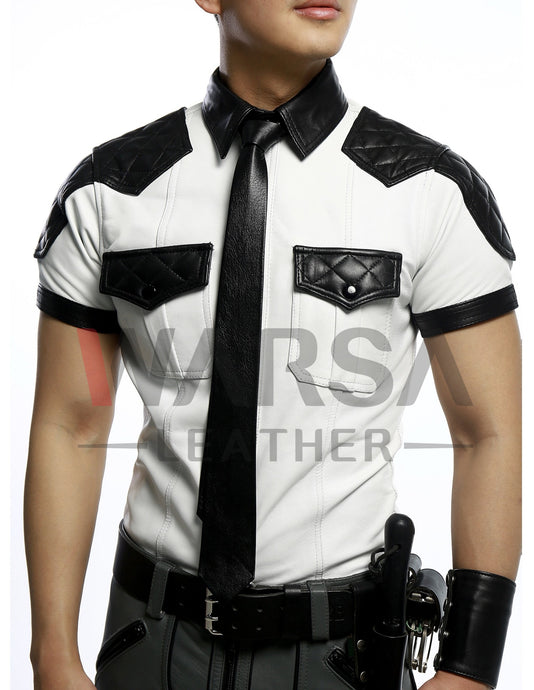 White & Black Quilted Leather Shirt