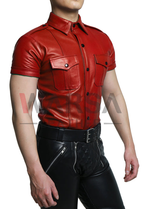 Hot Red Genuine Leather Shirt