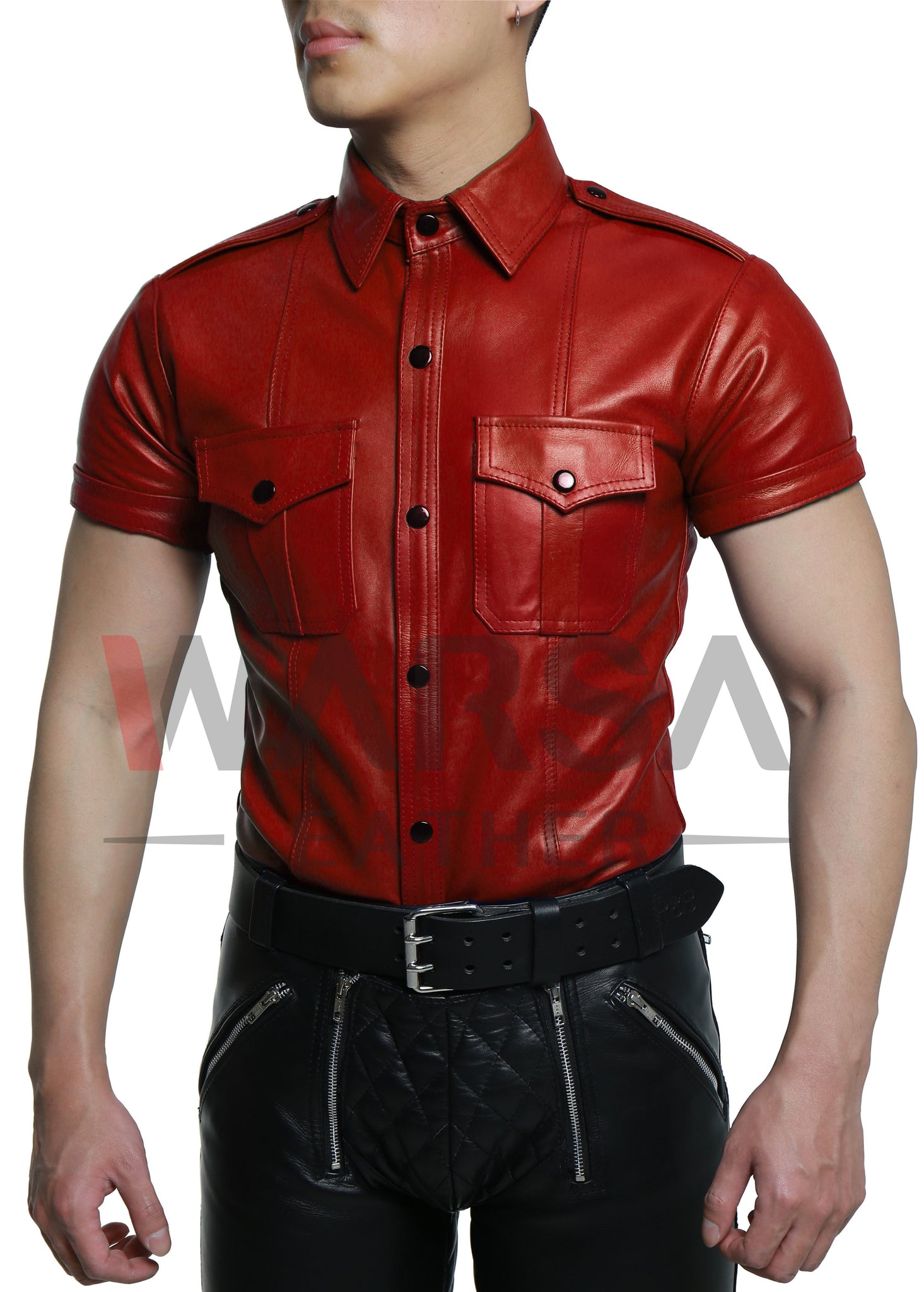 Hot Red Genuine Leather Shirt Warsa Leather Hot Red Genuine Leather Shirt Warsa Leather